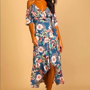 Lulu’s “Fully Bloomed” Blue Floral Print Off-the-Shoulder Maxi Wrap Dress